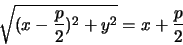 \begin{displaymath}
\displaystyle\sqrt{(x-\frac{p}{2})^2+y^2}=x+\frac{p}{2}
\end{displaymath}