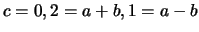 $c=0, 2=a+b, 1=a-b$