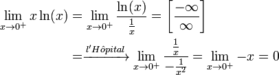 \begin{align}\lim_{x \to 0^+} x\ln(x)&=\lim_{x \to 0^+} \frac{\ln(x)}{\frac{1}{x}}=\left[\frac{-\infty}{\infty}\right]\\
&=\xrightarrow{l'H \hat{o} pital} \lim_{x \to 0^+}\frac{\frac{1}{x}}{-\frac{1}{x^2}}=\lim_{x \to 0^+} -x=0\\
\end{align}
