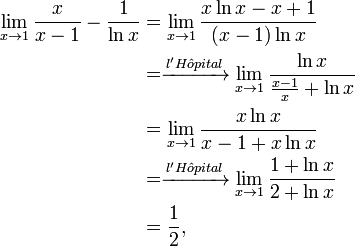 \begin{align}
\lim_{x \to 1} \frac{x}{x-1} - \frac{1}{\ln x}
& = \lim_{x \to 1} \frac{x \ln x - x + 1}{(x-1) \ln x} \\
& = \xrightarrow{l'H \hat{o} pital} \lim_{x \to 1} \frac{\ln x}{\frac{x-1}{x} + \ln x}\\
& = \lim_{x \to 1} \frac{x \ln x}{x - 1 + x \ln x}  \\
& = \xrightarrow{l'H \hat{o} pital} \lim_{x \to 1} \frac{1 + \ln x}{2 + \ln x}  \\
& = \frac{1}{2},
\end{align}
