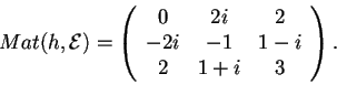 \begin{displaymath}Mat(h,\mathcal{E})=
\begin{array}({ccc})
0 & 2i & 2\\
-2i & -1 & 1-i\\
2 & 1+i & 3
\end{array}.
\end{displaymath}