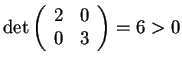 $\det \begin{array}({cc})
2 & 0\\
0 & 3
\end{array}=6>0$