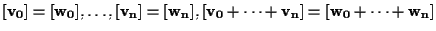 $[\mathbf{v_0} ] = [\mathbf{w_0} ], \ldots, [\mathbf{v_n} ] = [\mathbf{w_n} ], [\mathbf{v_0 + \cdots + v_n} ] = [\mathbf{w_0 + \cdots + w_n} ]$