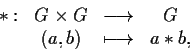 \begin{displaymath}\begin{array}{cccc}
*: & G\times G &\longrightarrow & G \\
\quad &(a,b) & \longmapsto & a*b ,
\end{array}\end{displaymath}