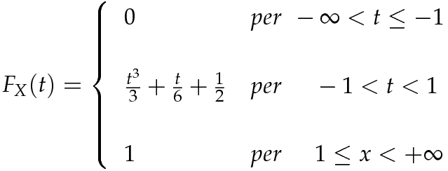 F_X(t) =\begin{cases}\:\:\:0 & per \:\: - \infty < t \leq -1\\\\\:\:\: \frac{t^3}{3}+ \frac{t}{6}+ \frac{1}{2}    & per \:\:\:\:\;\;  -1 < t < 1\\\\\:\:\:1 & per \;\;\;\;\;1 \leq x <+ \infty\end{cases}