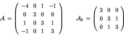 \begin{displaymath}
\mathcal{A}\: = \left(
\begin{array}{cccc}
-4 & 0 & 1 & -...
... 0 \\
0 & 3 & 1 \\
0 & 1 & 3 \\
\end{array}
\right)
\end{displaymath}