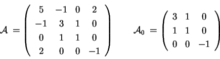 \begin{displaymath}
\mathcal{A}\: = \left(
\begin{array}{cccc}
5 & -1 & 0 & 2...
...0 \\
1 & 1 & 0 \\
0 & 0 & -1 \\
\end{array}
\right)
\end{displaymath}